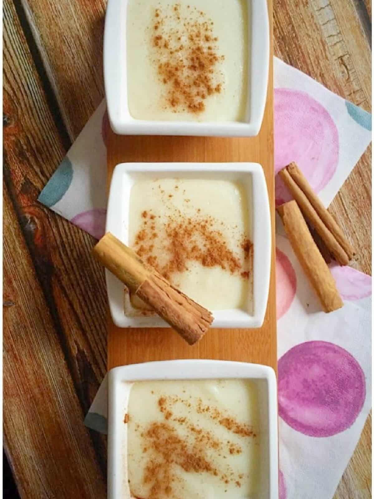 Overhead shoot of 3 ramekins with semolina pudding