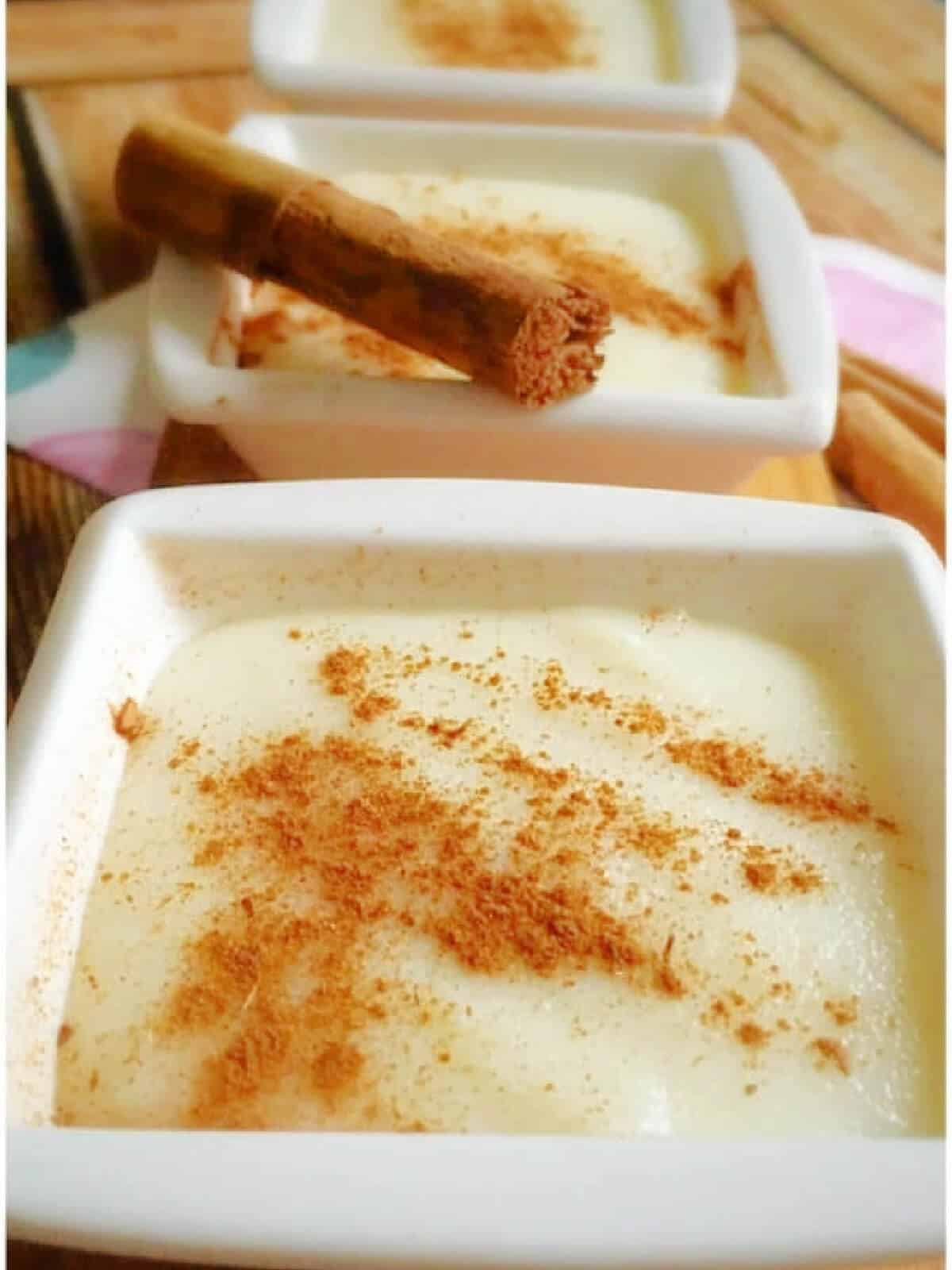 Close-up shoot of a white ramekin with semolina pudding