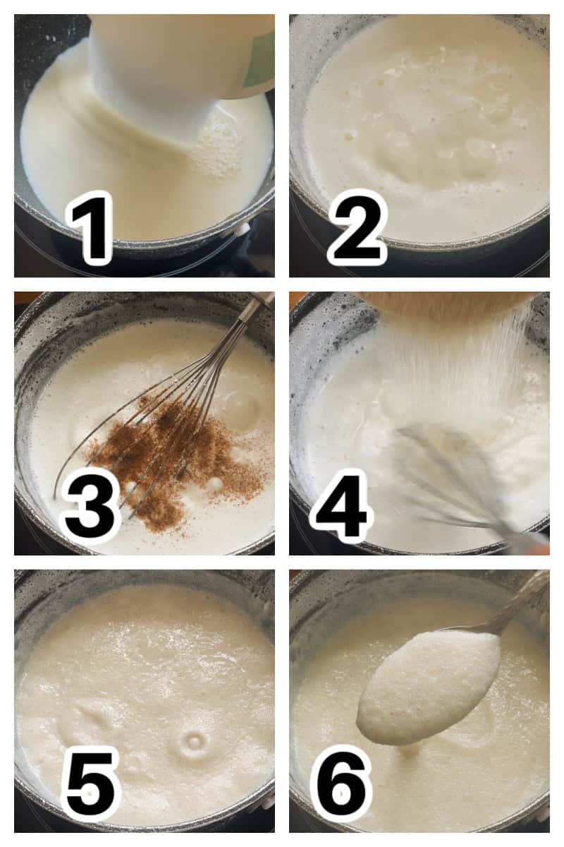 Collage of 6 photos to show how to make semolina pudding.