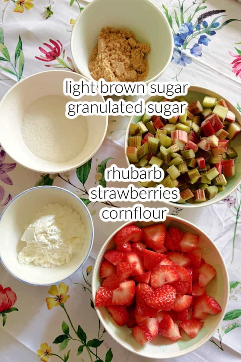 Ingredients displayed on the tabletop to show how to make strawberry and rhubarb filling.