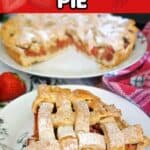 A slice of fruit pie on a small white plate with a larger plate with the rest of the pie blurred in the background.