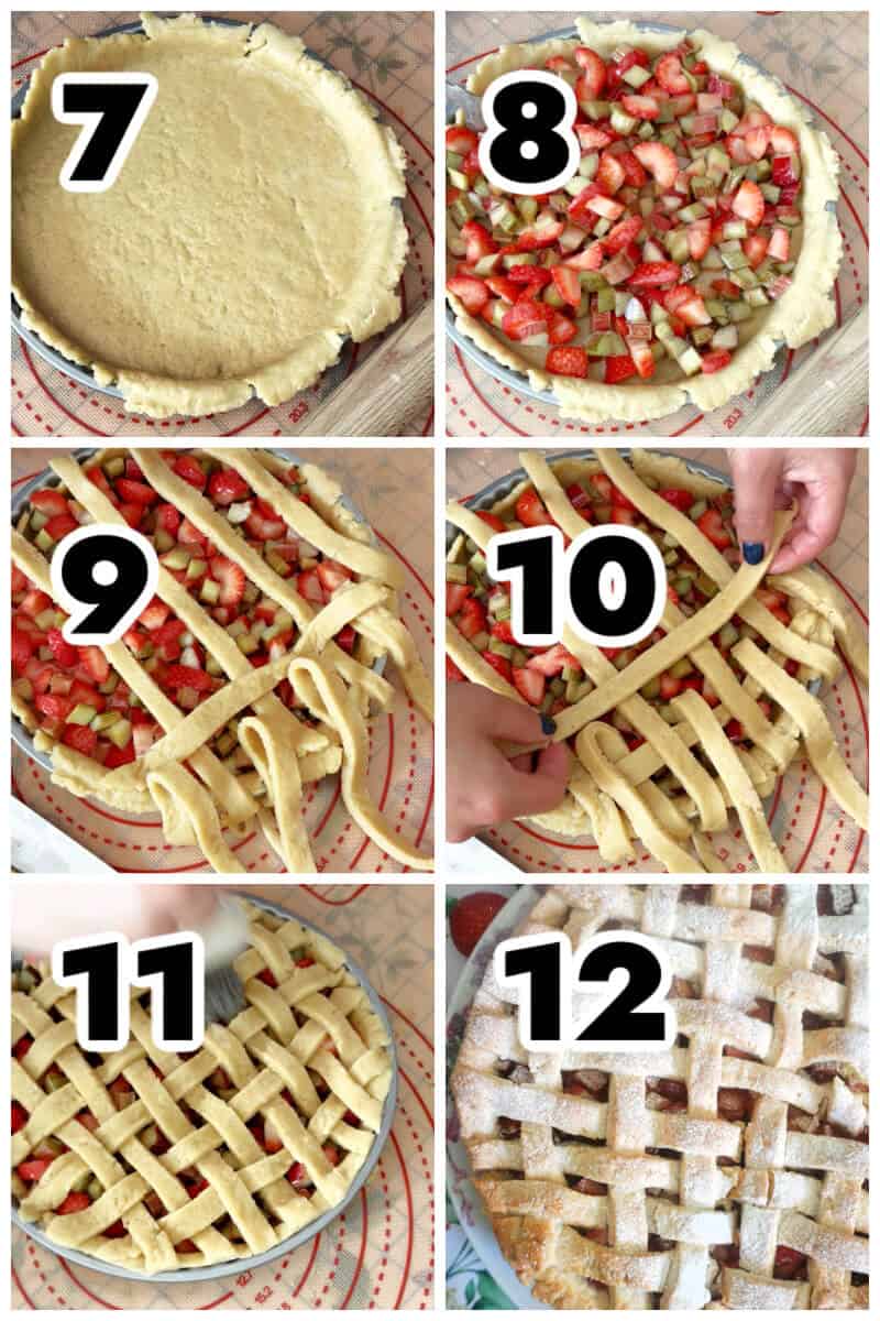 Collage of 6 photos to show how to assemble the pie.