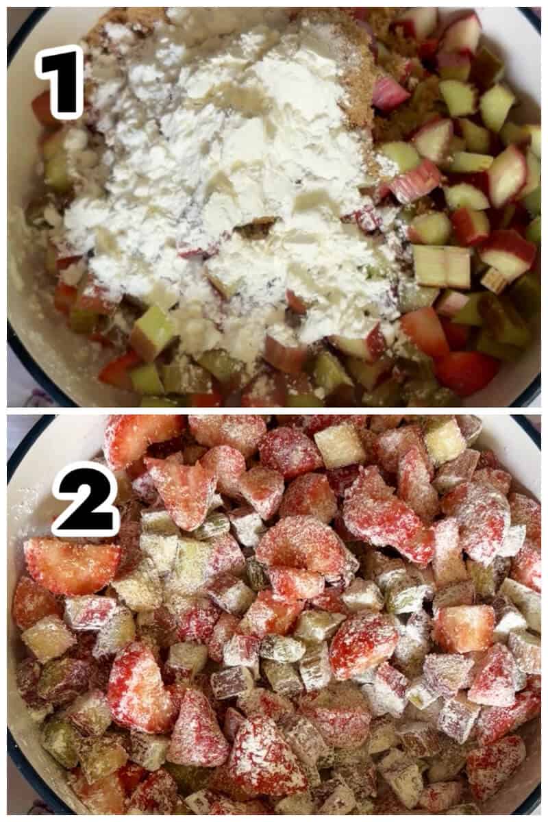 Collage of 2 photos to show how to make strawberry and rhubarb filling.