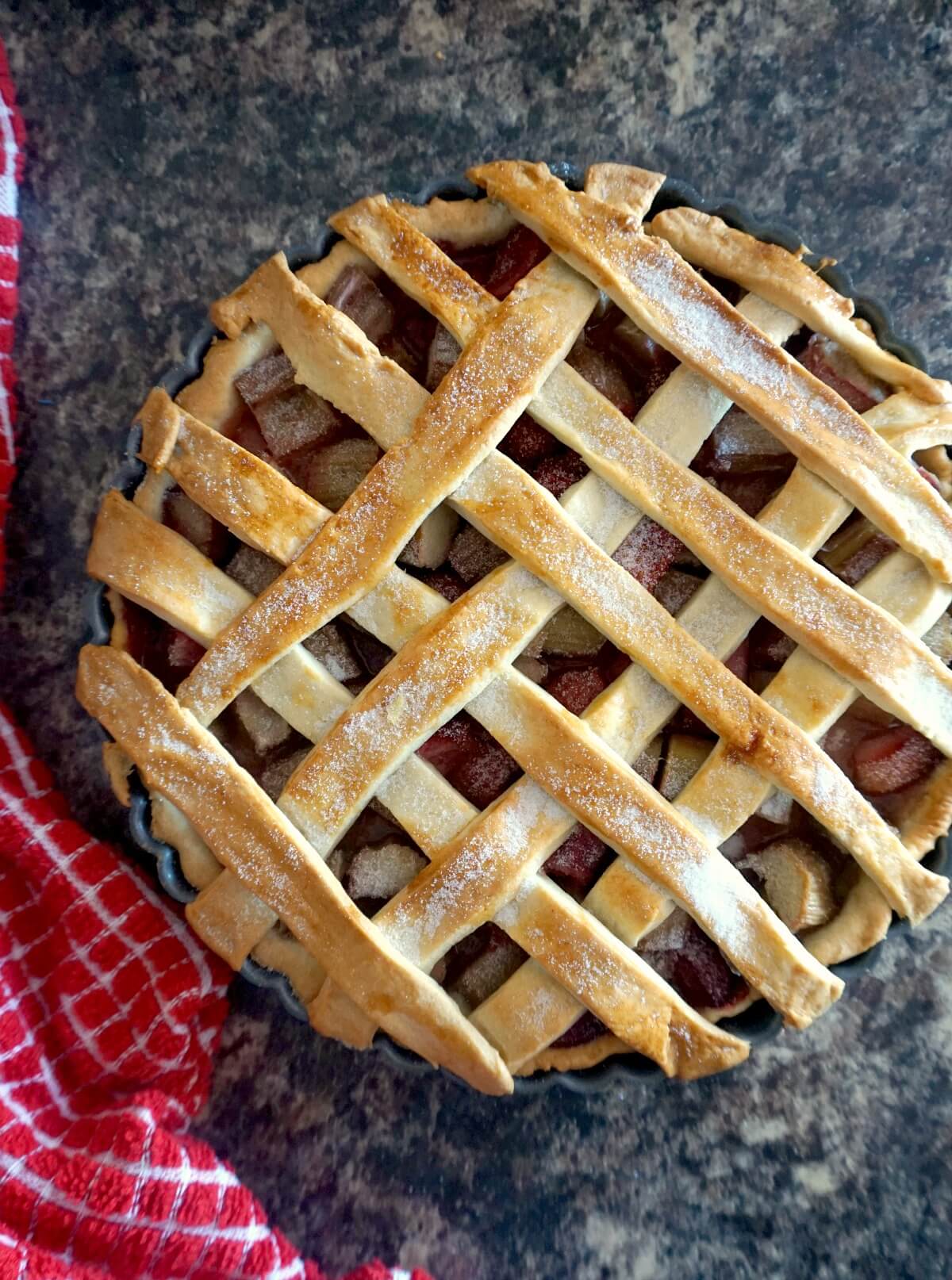 Overhead shoot of a strawberry and rhubarb pie