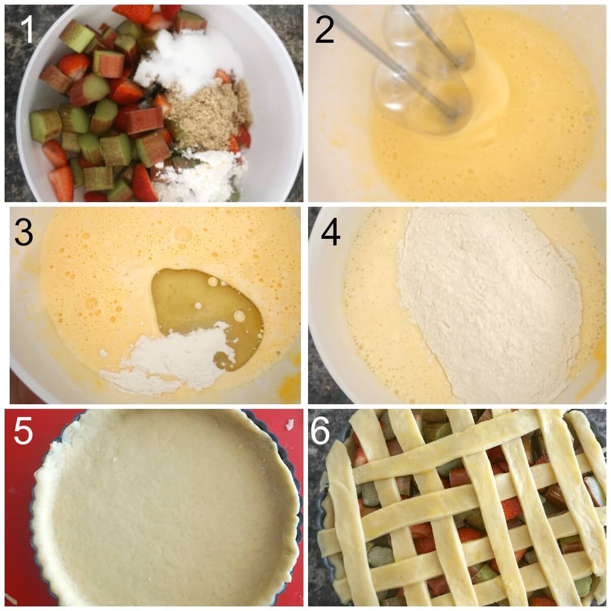 Collage of 6 photos to show how to make strawberry and rhubarb pie.