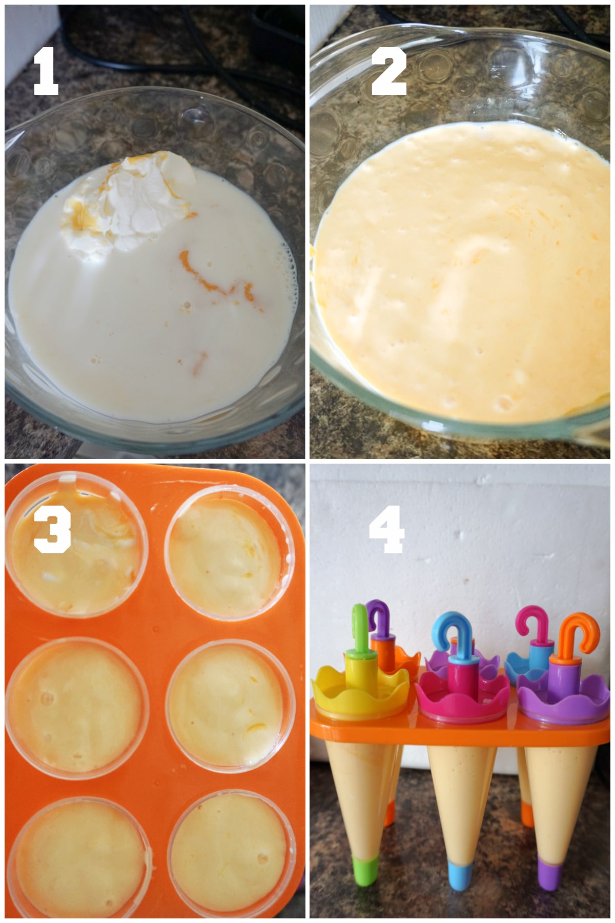 Collage of 4 photos to show how to make mango lassi popsicles