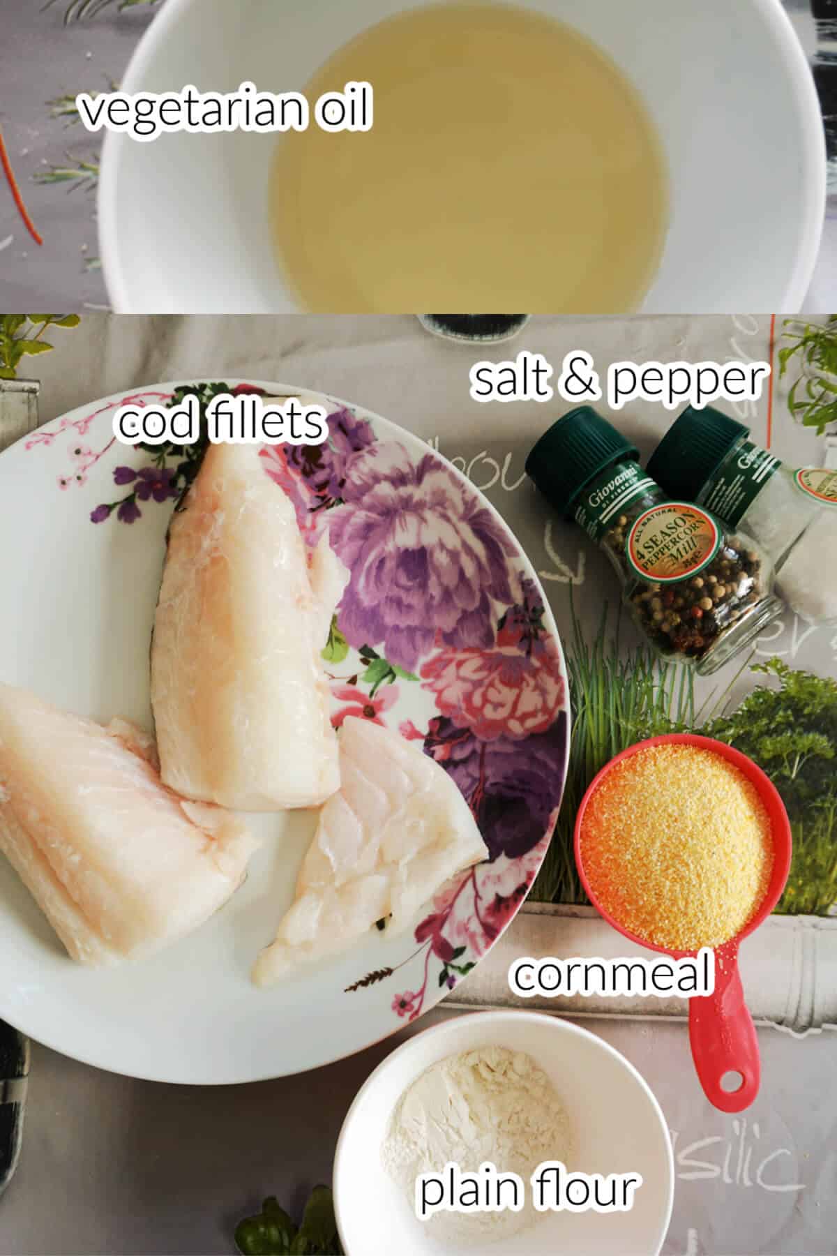 Ingredients needed to make fried fish with cornmeal.