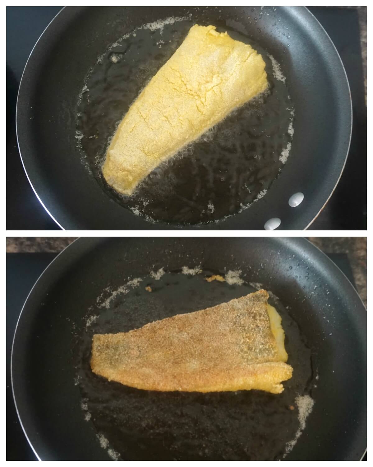 Collage of 2 photos to show how to make cornmeal-crusted fried cod fillet.