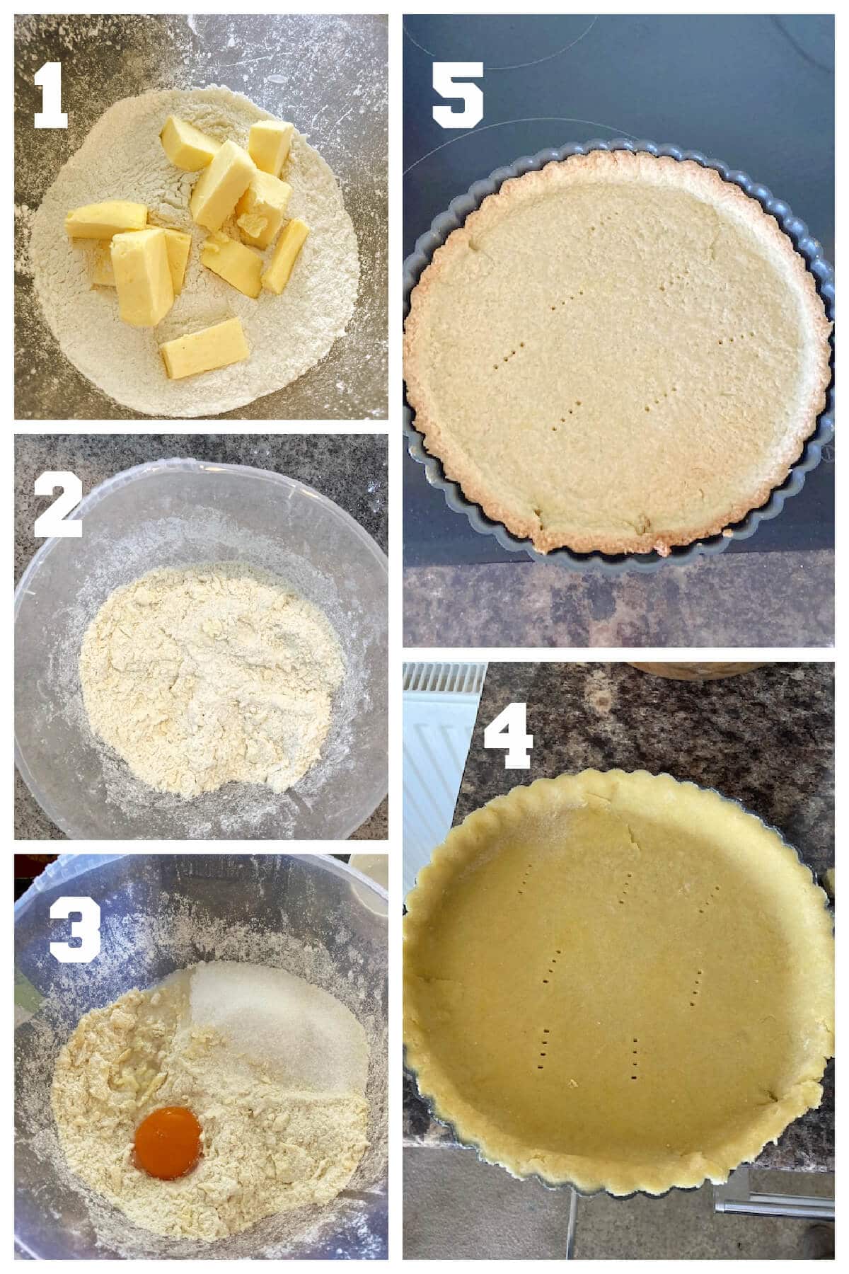 Collage of 5 pictures to show how to make shortcrust pasty for sweet pies.