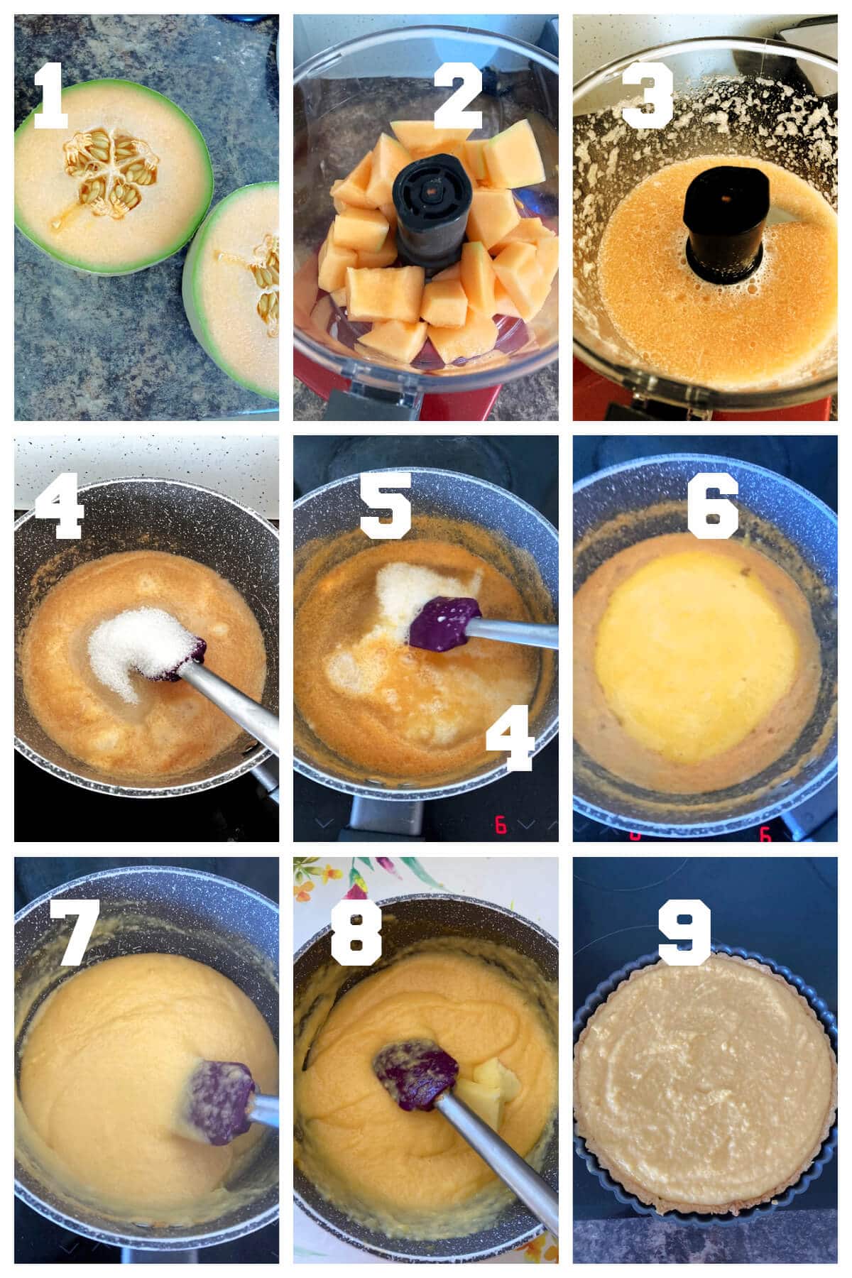 Collage of 9 photos to show how to make the filling for cantaloupe pie