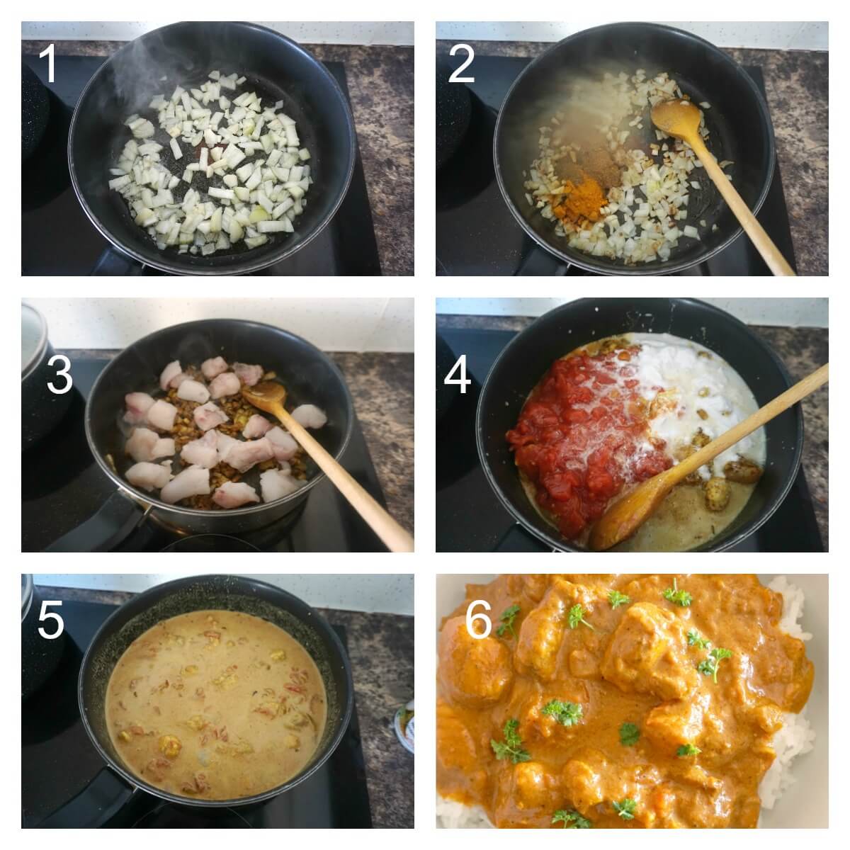 Collage of 6 photos to show how to make fish curry with coconut milk
