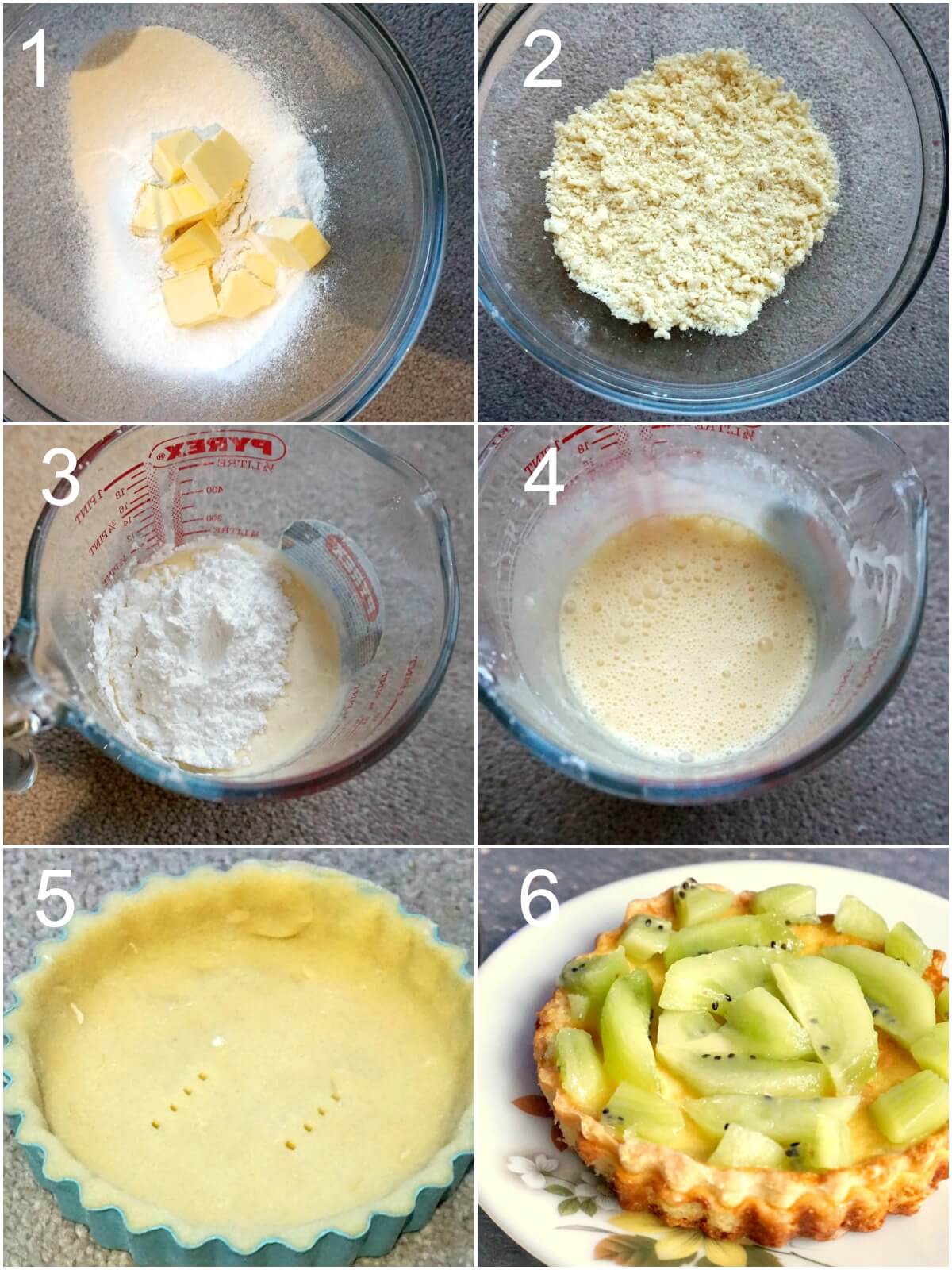 Collage of 6 photos to show how to make kiwi tartets