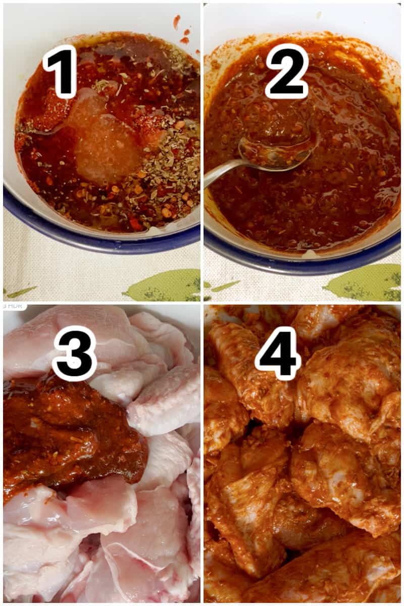 Collage of 4 photos to show how to make peri-peri chicken wings.