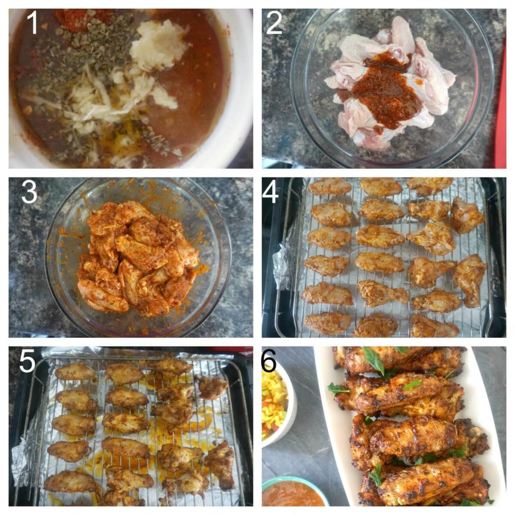 Collage of 6 photos to show how to make nando's peri-peri chicken wings