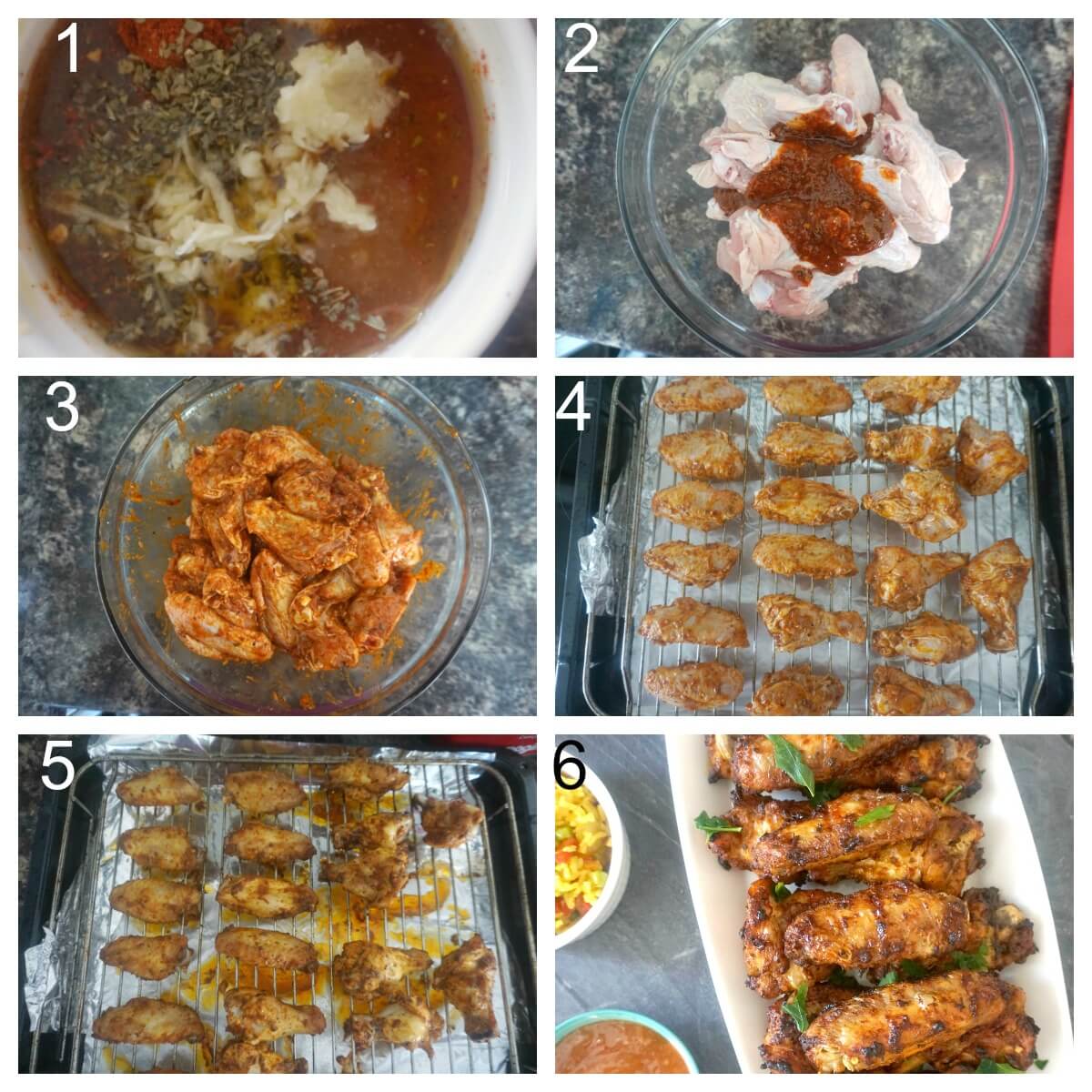 Collage of 6 photos to show how to make nando's peri-peri chicken wings.