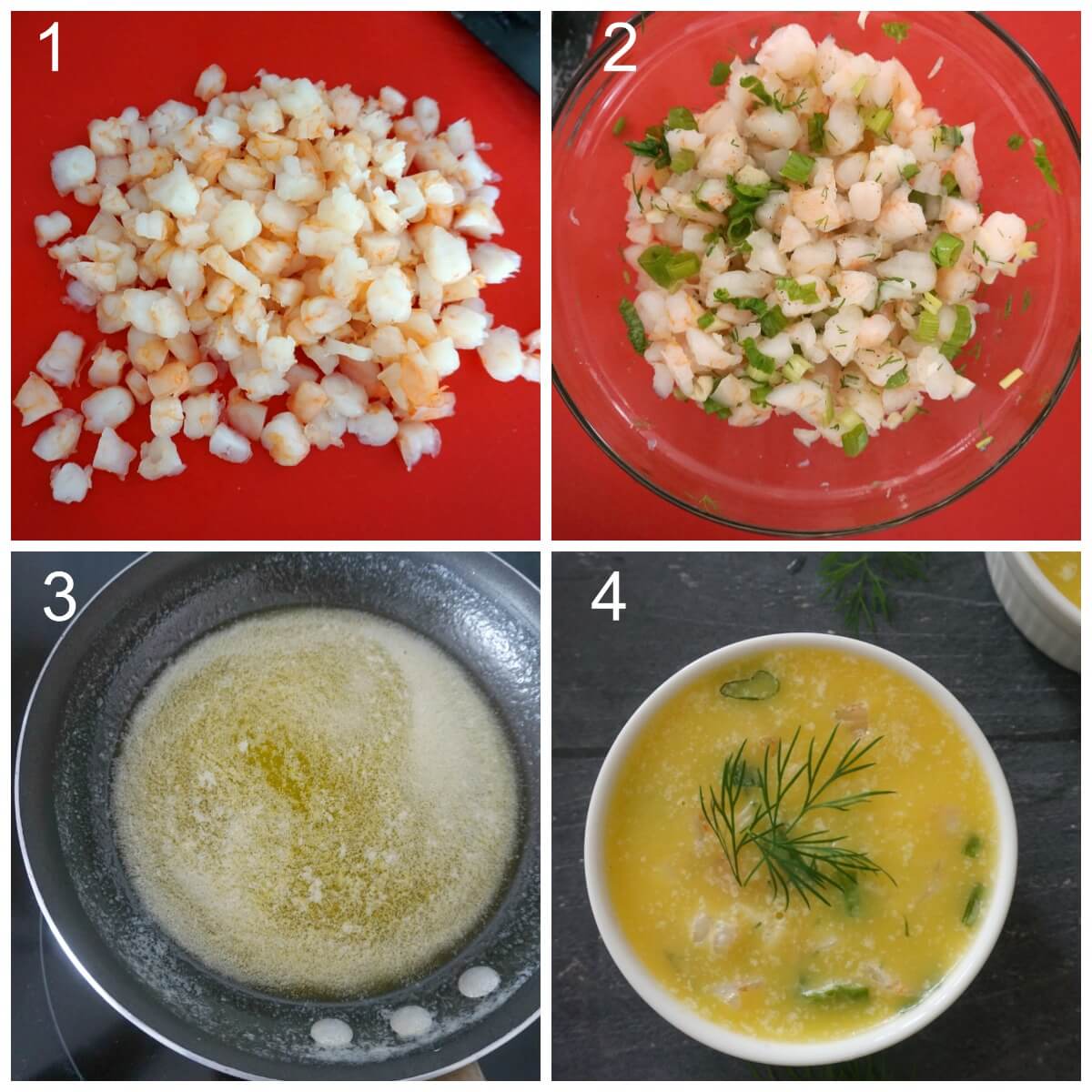 Collage of 4 photos to show how to make potted shrimp.