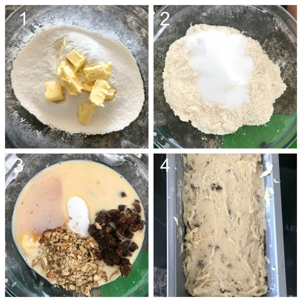 Collection of 4 photos to show how to make walnut and date cake
