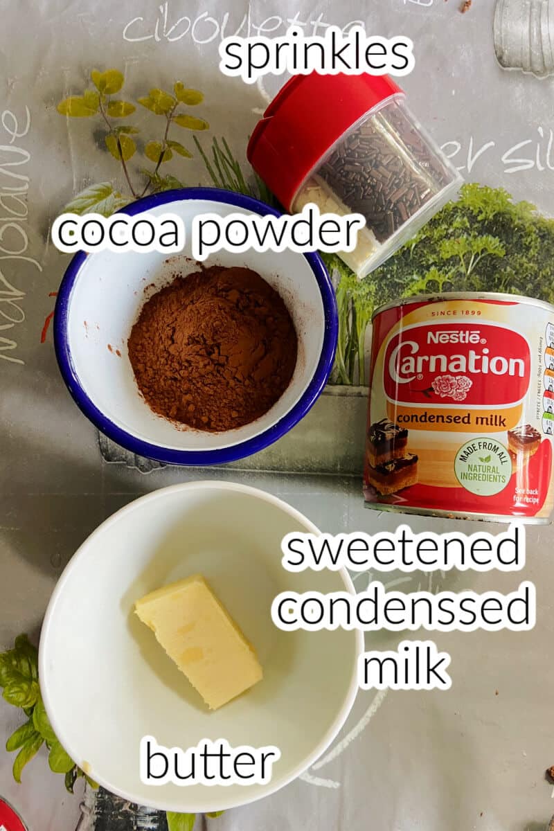 Ingredients needed to make chocolate brigadeiros.