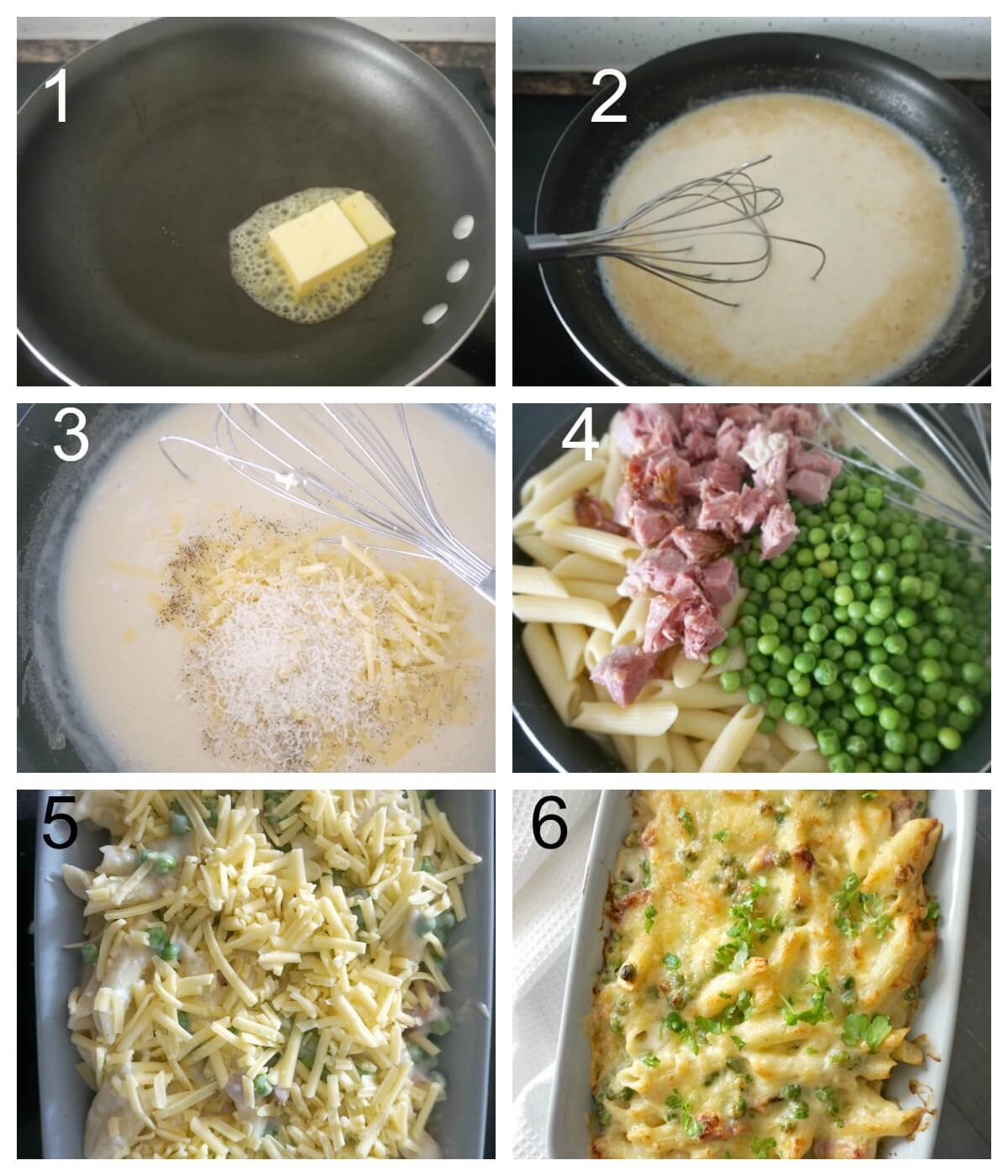 Collage of 6 photos to show how to make ham and pea pasta bake with cheese.