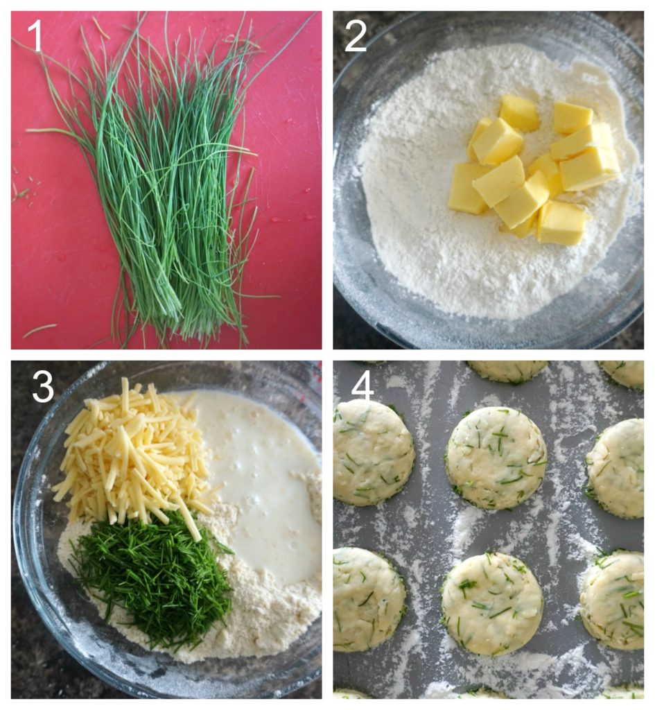 Collage of 4 photos to show how to make cheese and chive scones