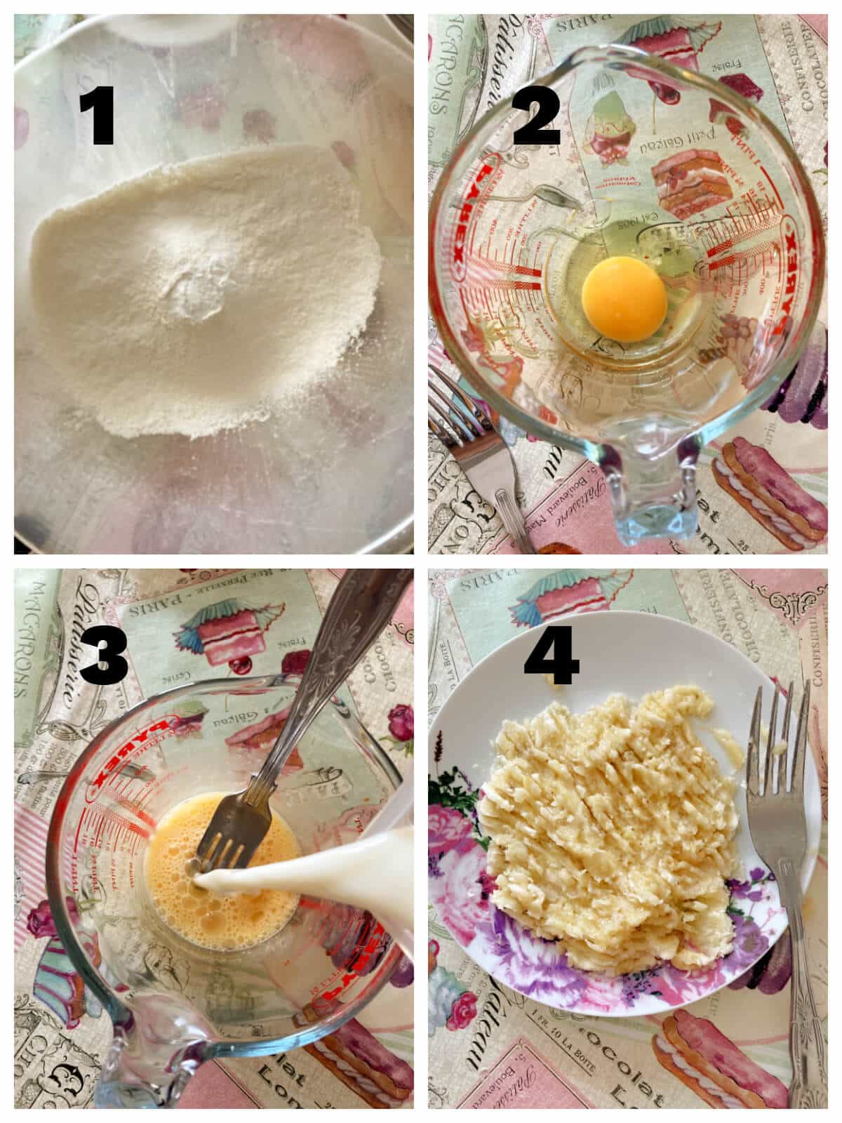 Collage of 4 phots to show how to make banana waffles.