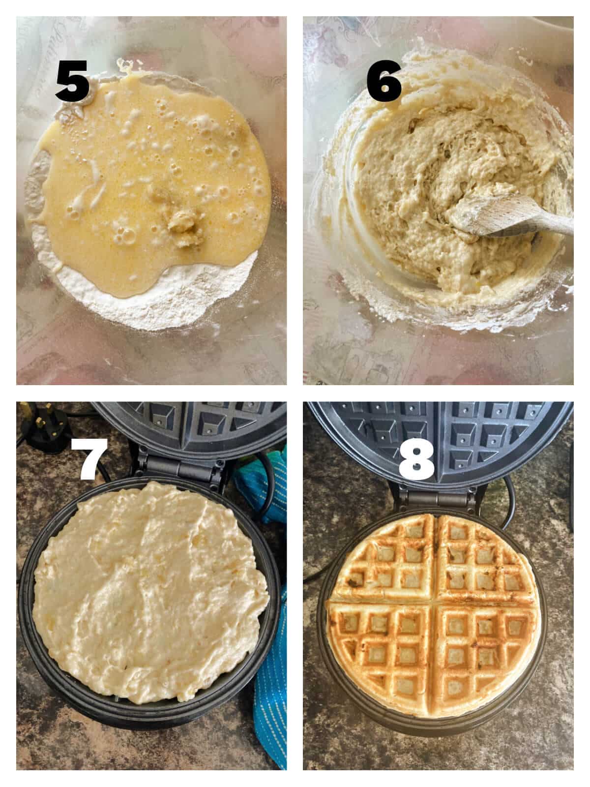 Collage of 4 photos to show how to make banana waffles.