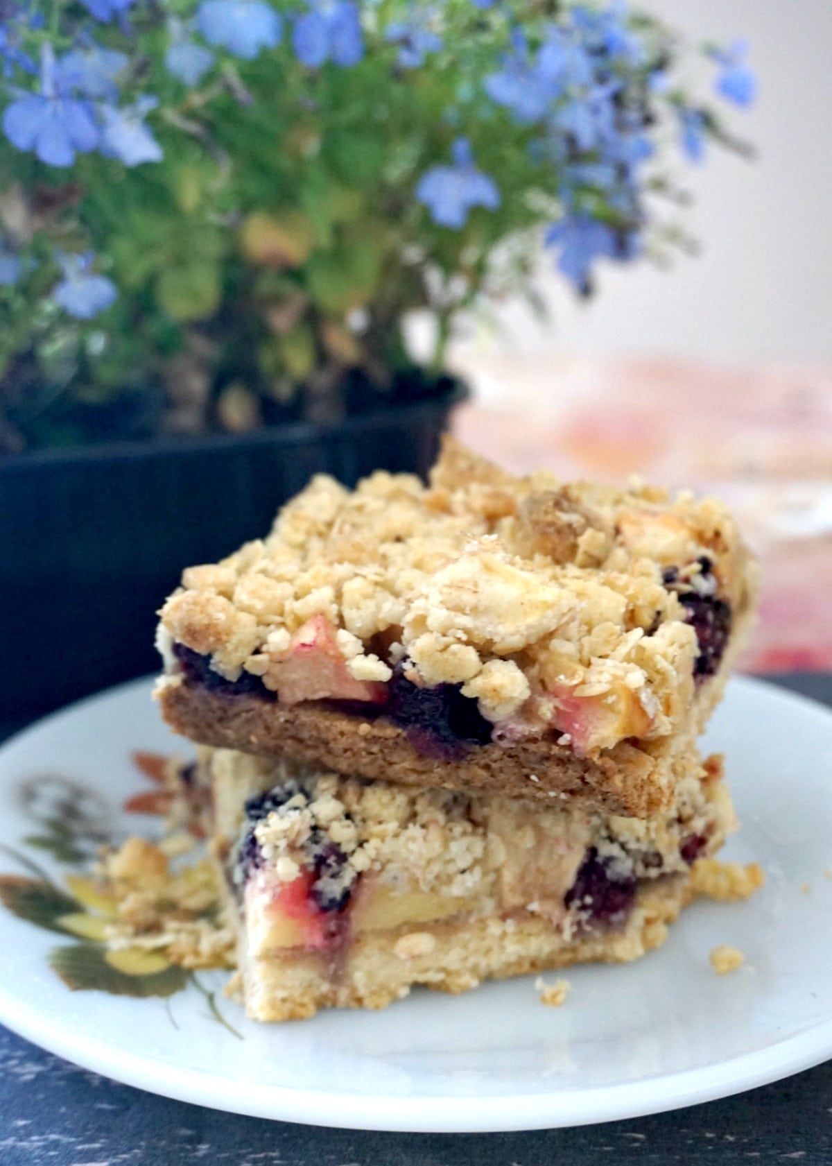 2 crumble bars on a white dessert plate.