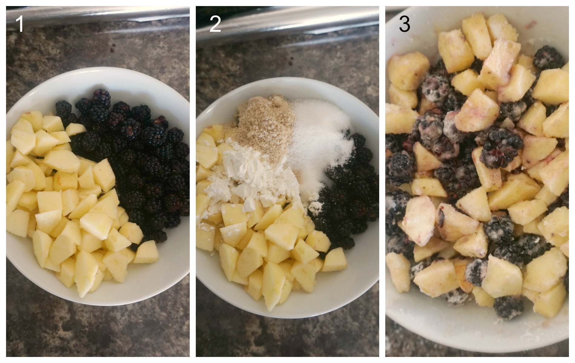 Collage of 3 photos to show how to prepare the fruit for crumble bars.