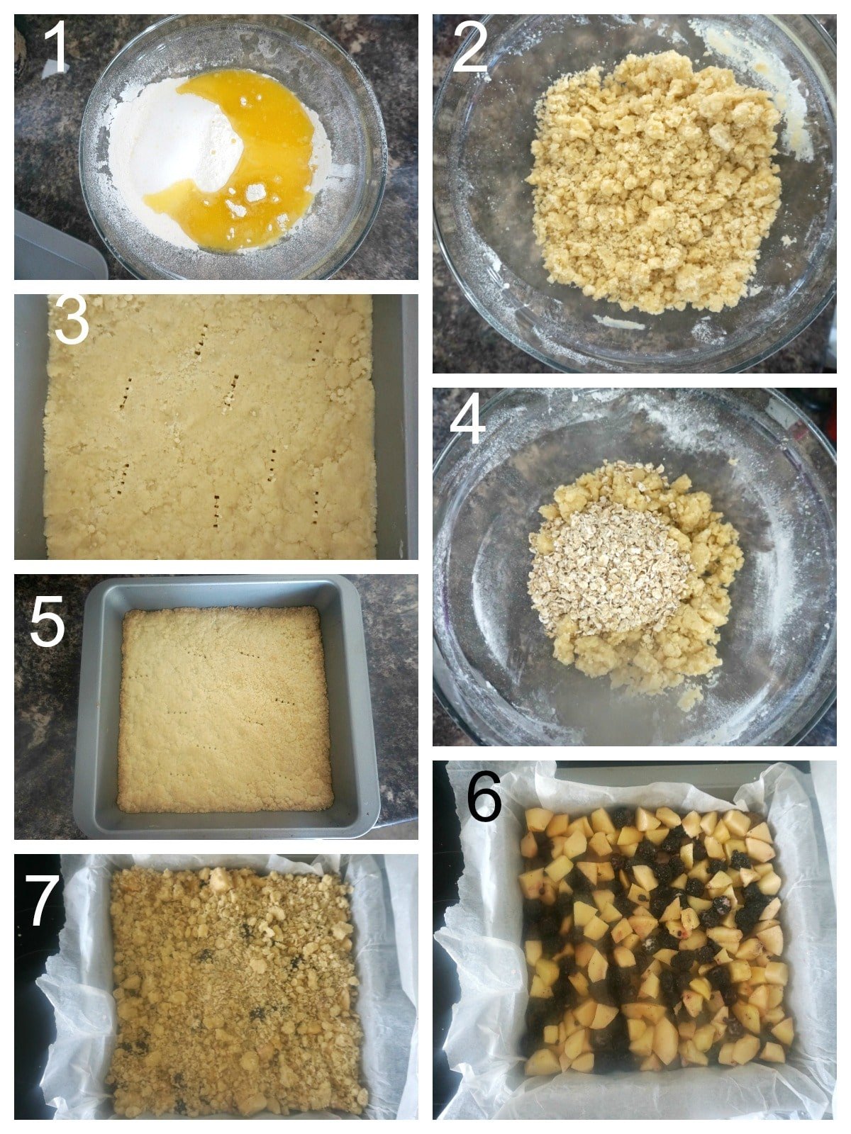 Collage of 7 photos to show how to make the crumble mixture for the bars.
