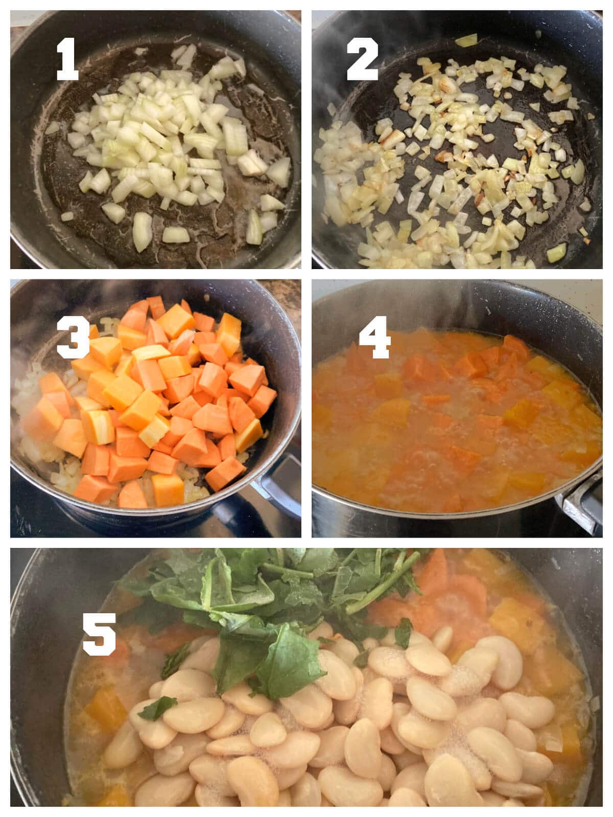 Collage of 5 photos to show how to make butternut squash and sweet potato stew.