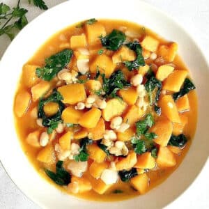 Overhead shoot of a white bowl with butternut squash stew