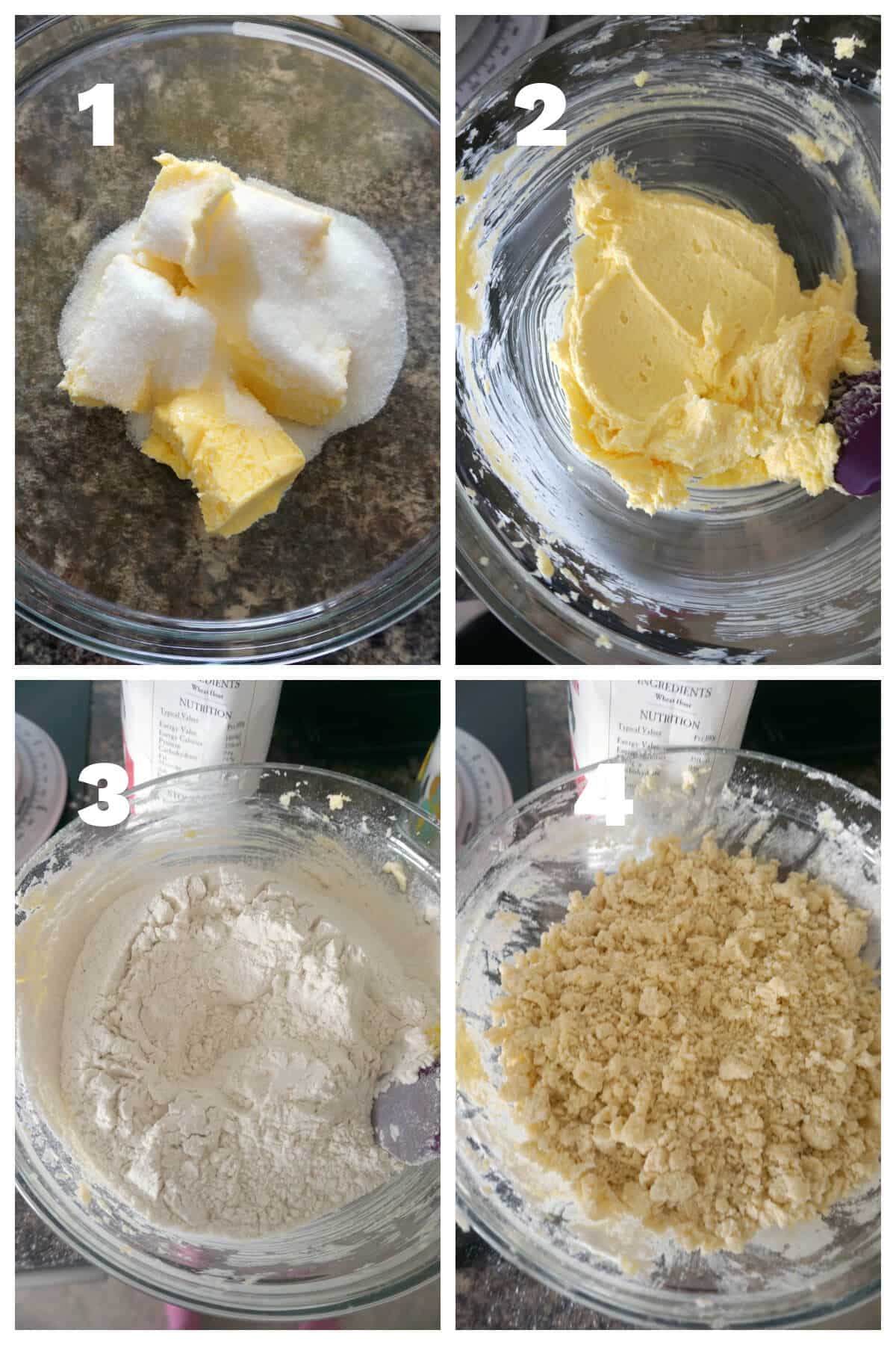 Collage of 4 photos to show how to make the crust for a cherry crumb pie.