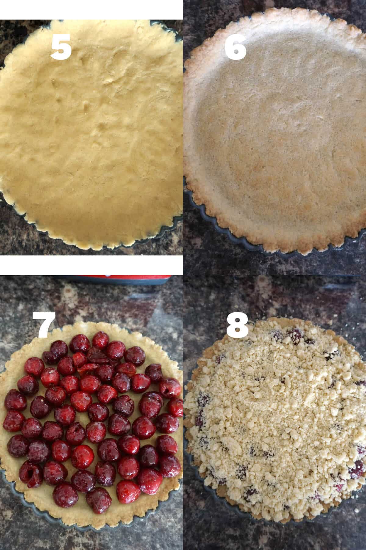 Collage of 4 photos to show how to make cherry crumb pie.