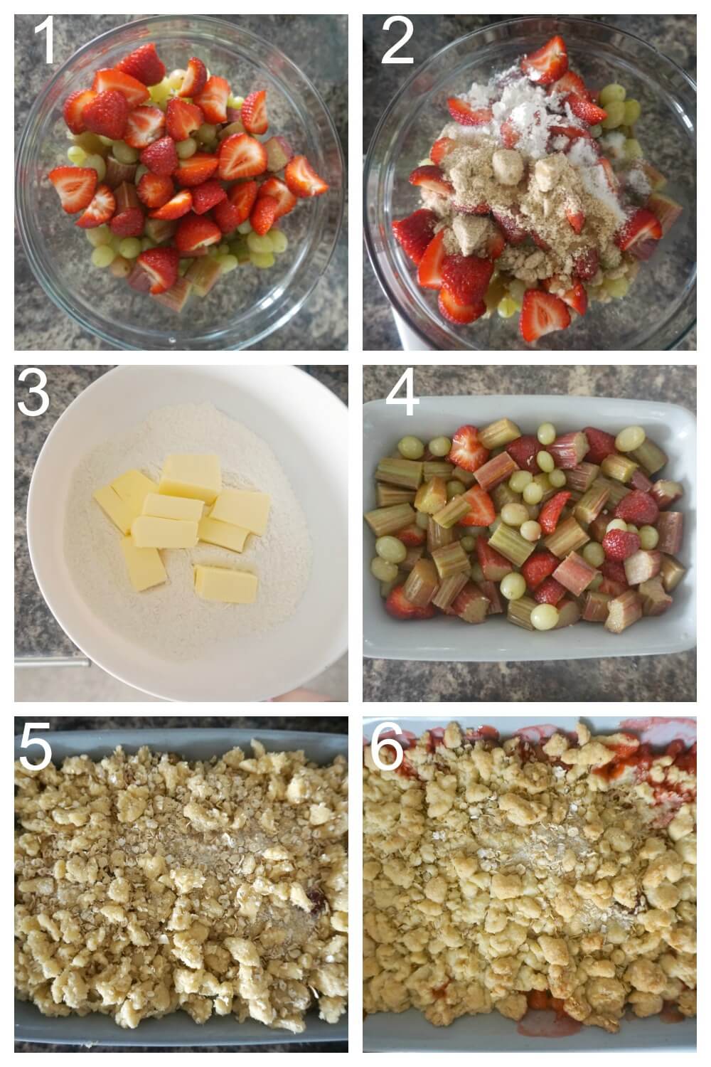 Collage of 6 photos to show how to make gooseberry, rhubarb and strawberry crumble.