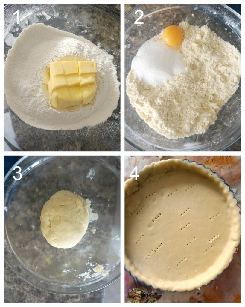 Collage of 4 photos to show how to make shortcrust pastry