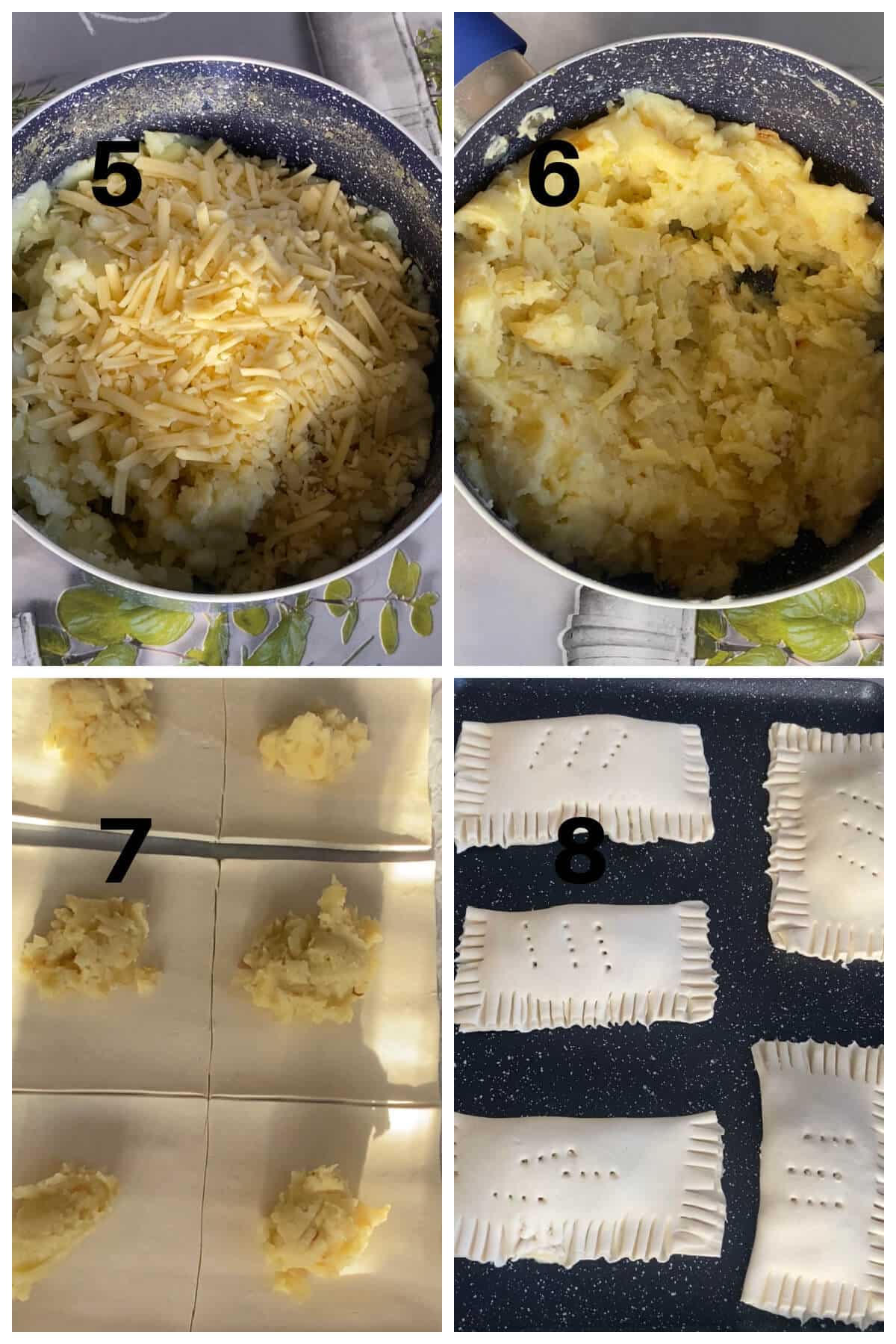 Collage of 4 photos to show how to make pasties with potato, onion and cheese.
