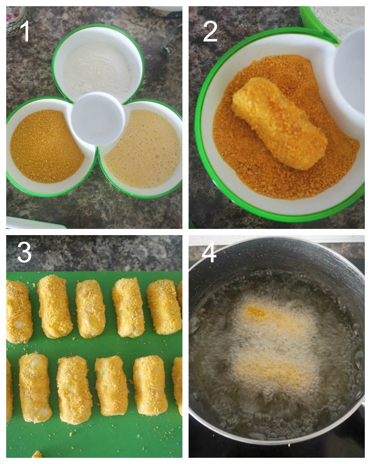 Collage of 4 photos to show how to fry the croquetes