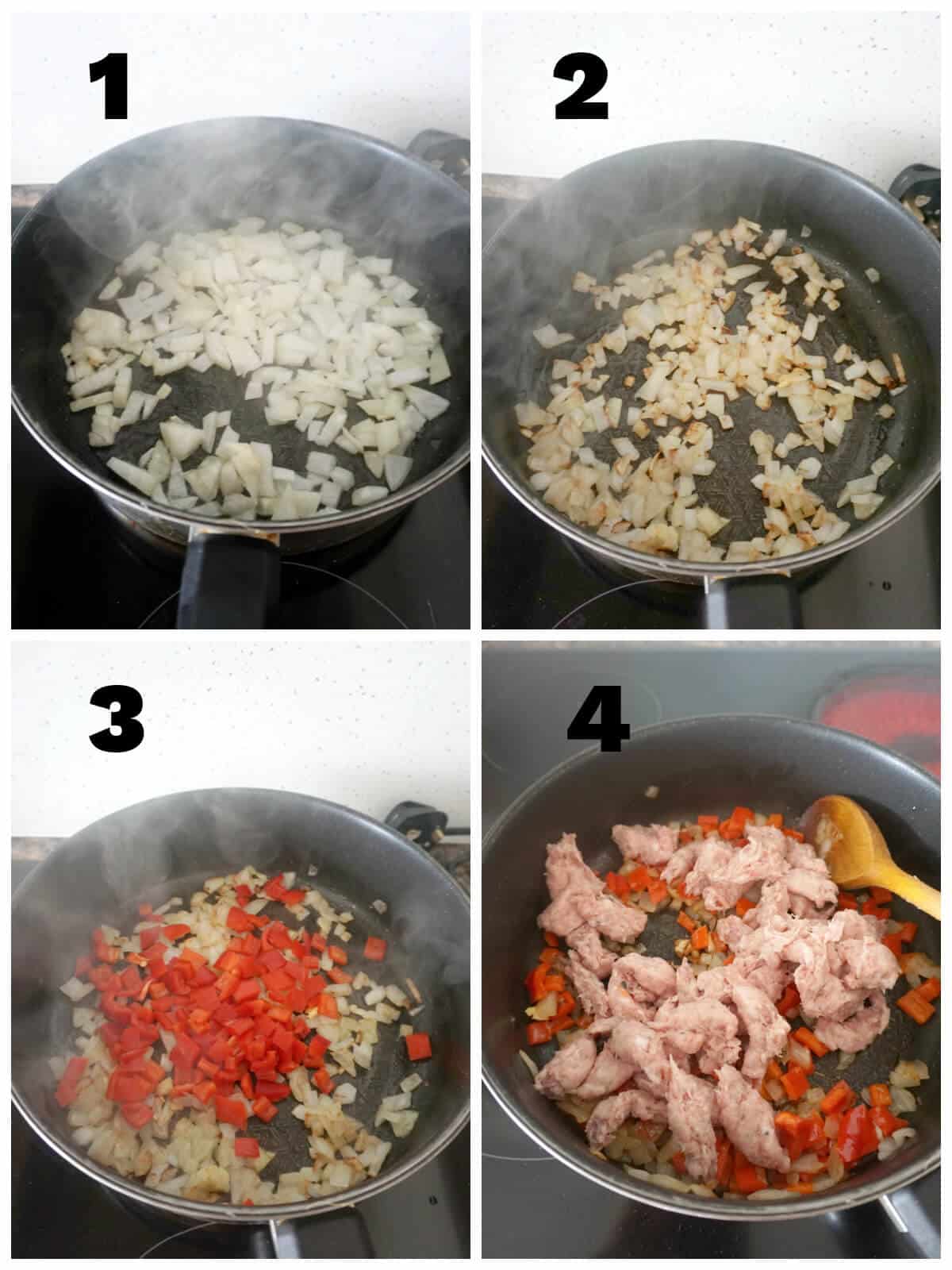 Collage of 4 photos to show how to make sausage rice.