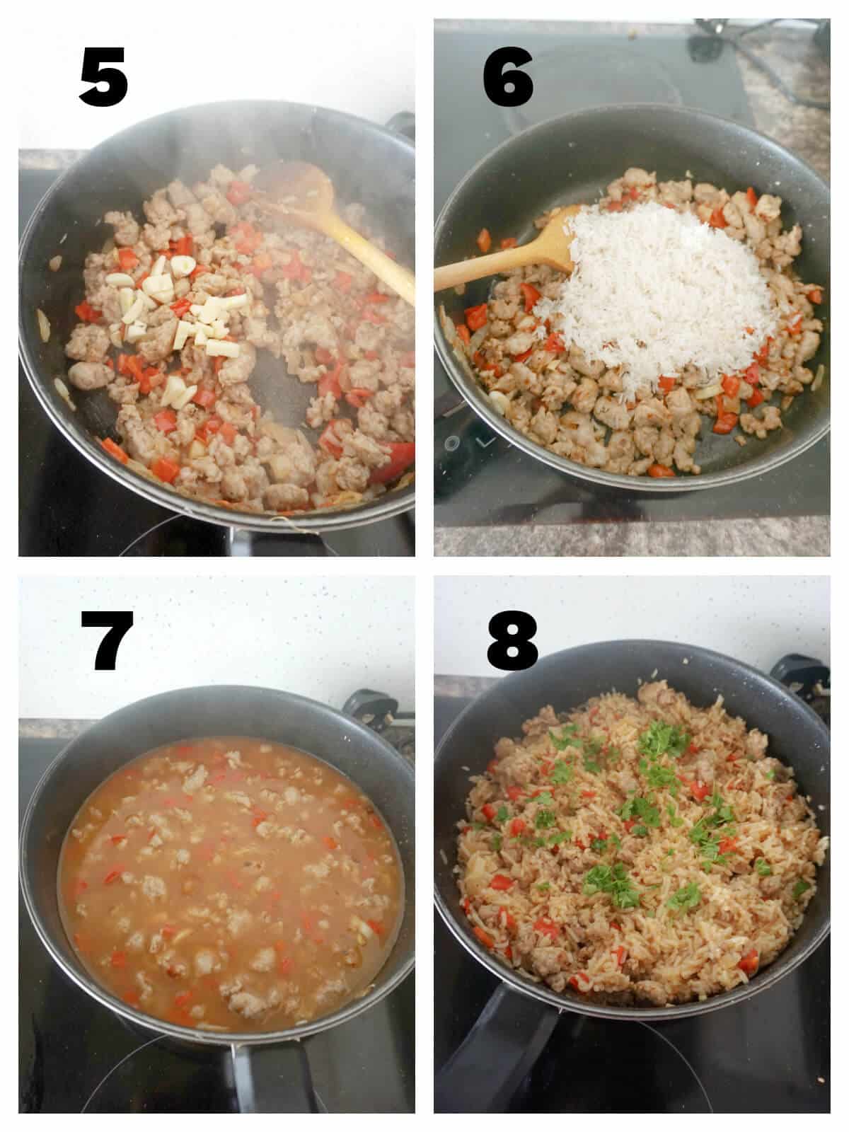 Collage of 4 photos to show how to make sausage rice.