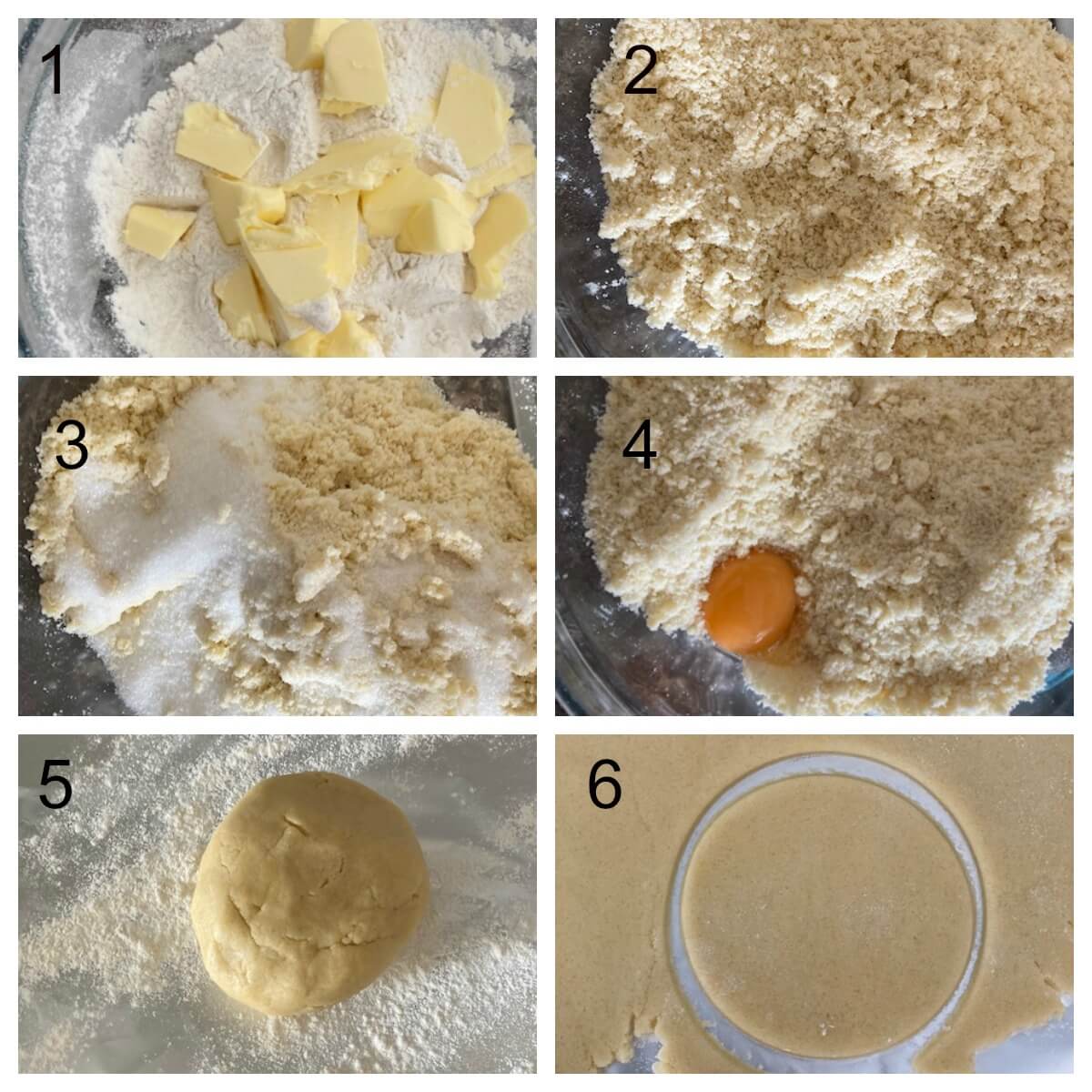 Collage of 6 photos to show how to make homemade shortcrust pastry for tarts.