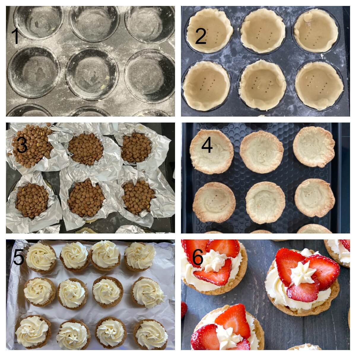 Collage of 6 photos to show how to fill the strawberry cream and custard tartlets.