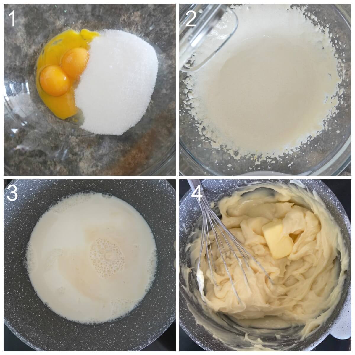 Collage of 4 photos to show how to make vanilla custard for tarts.