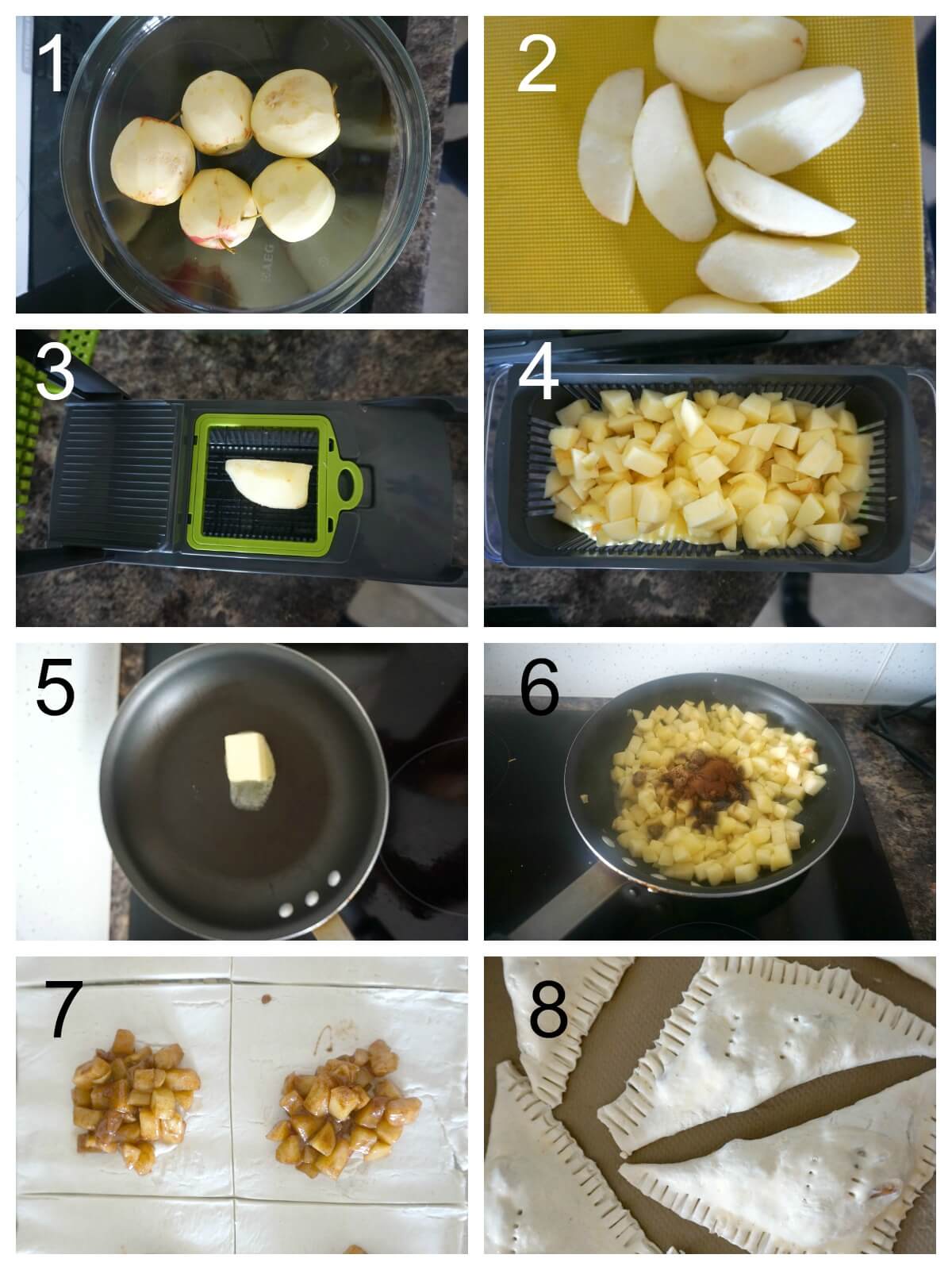Collage of 8 photos to show how to make apple turnovers.