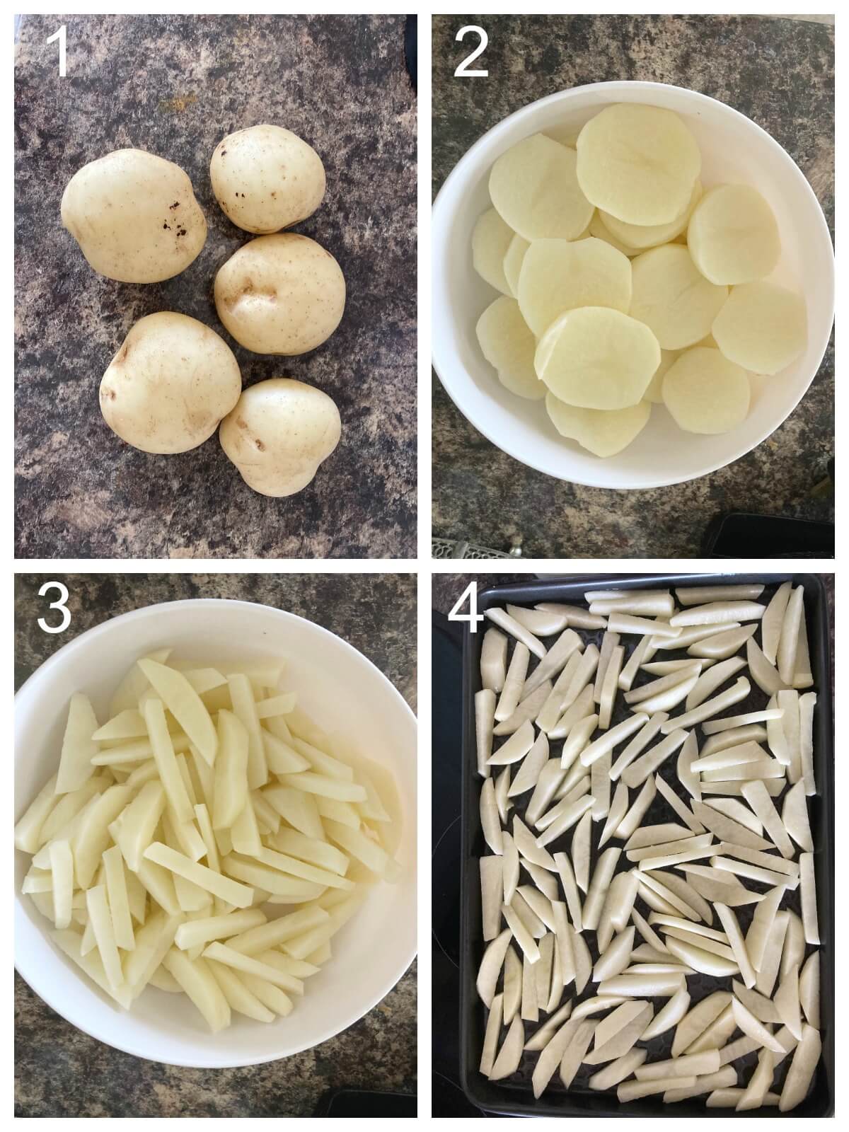 Collage of 4 photos to show how to make baked fries.