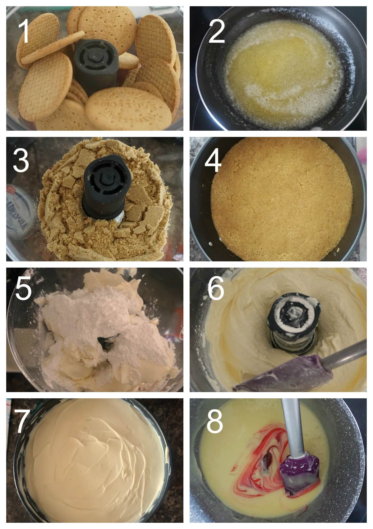 Collage of 8 photos to show how to make a bleeding cheesecake for Halloween.