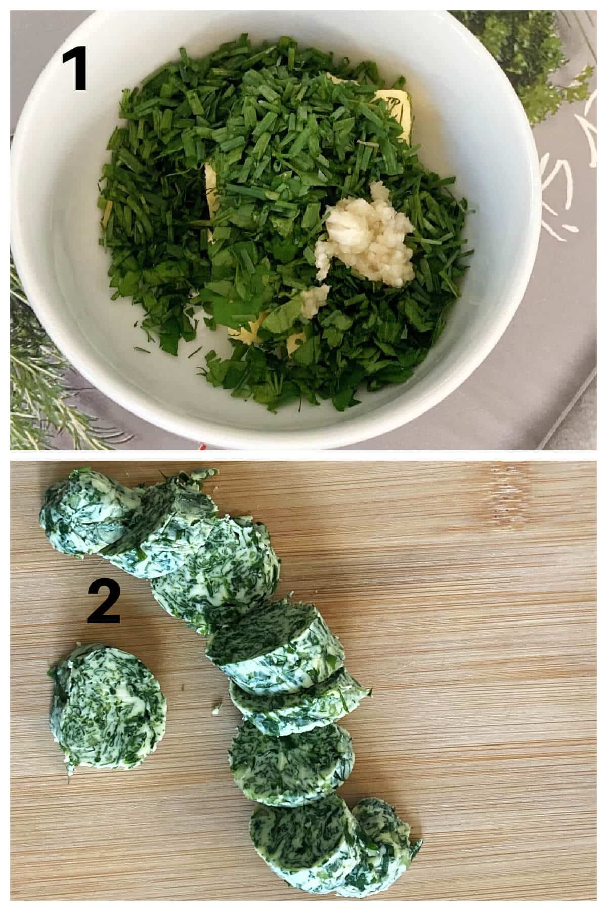 Collage of 2 photos to show how to make herbed butter with garlic.