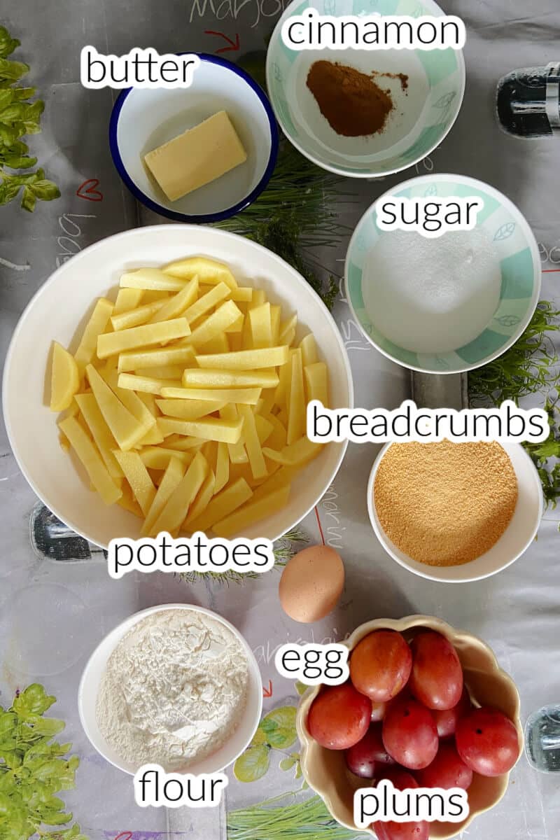Ingredients needed to make plum dumplings.