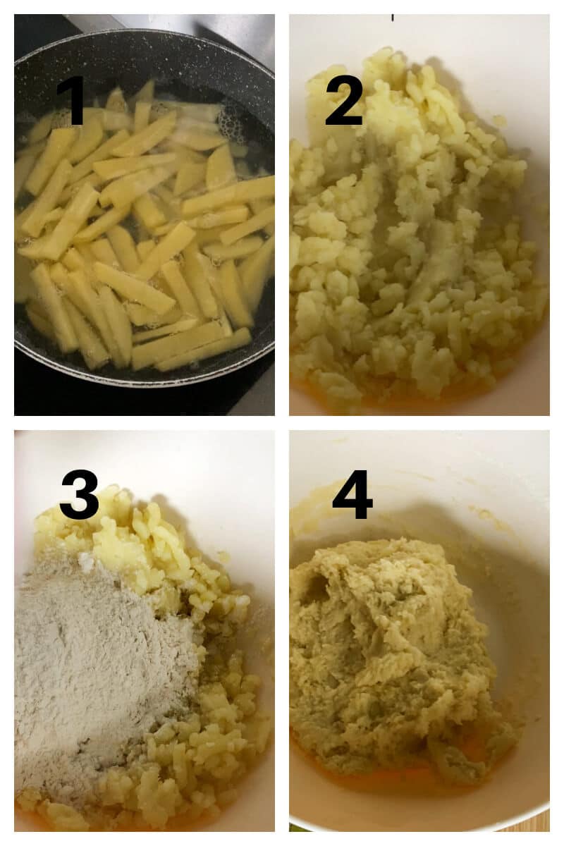 Collage of 4 photos to show how to make potato dough for plum dumplings.