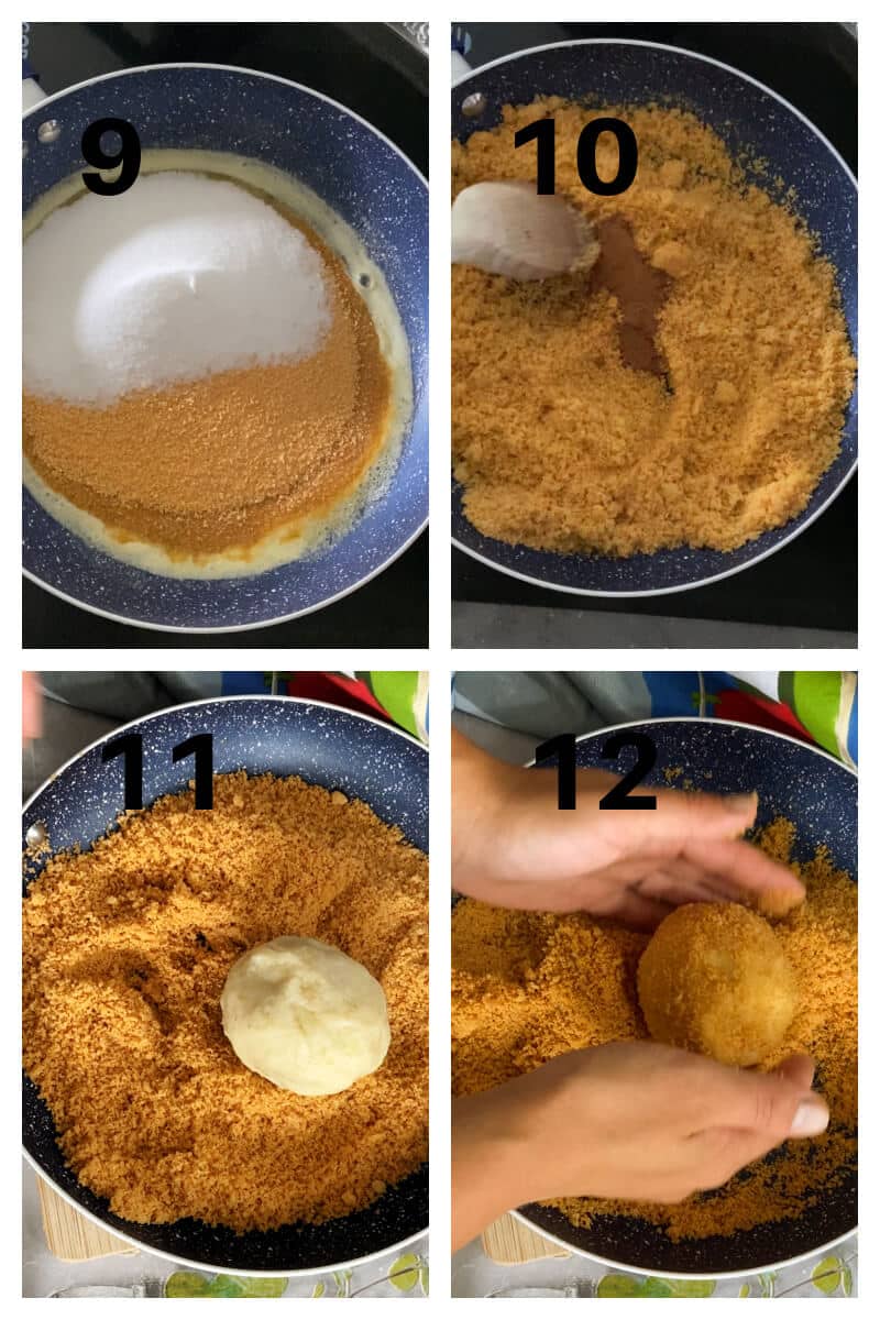 Collage of 4 photos to show how to coat the dumplings in breadcrumbs.