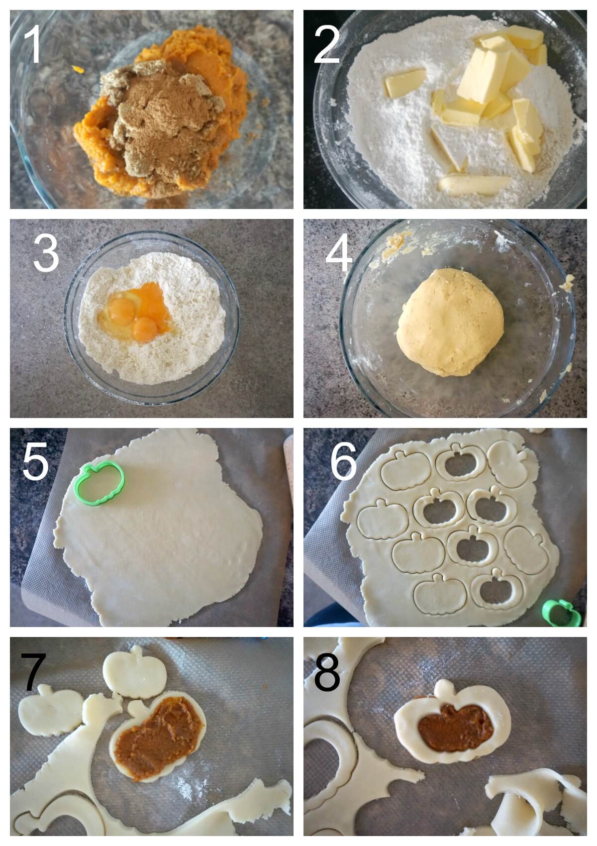 Collage of 8 photos to show how to make pumpkin linzer cookies.
